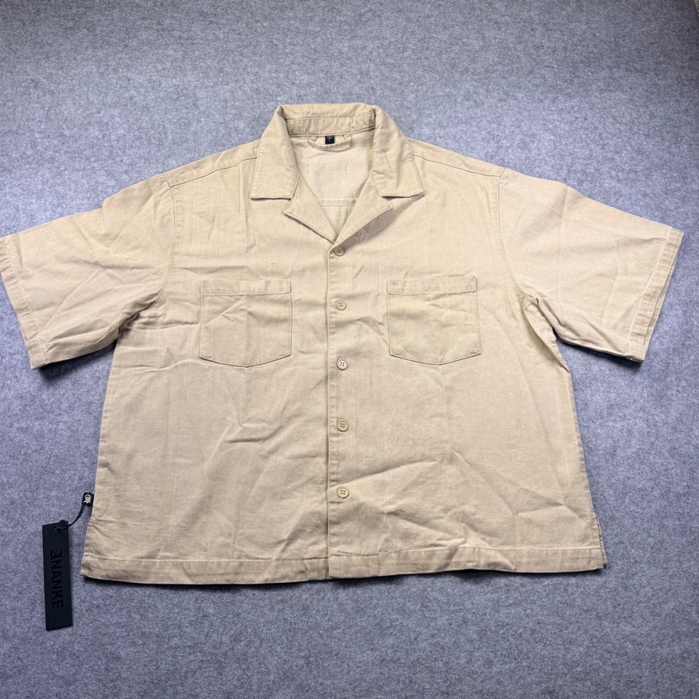 ANANKE Button Down Shirt Mens L Tan New Cotton Short Sleeve Camp Collar Boxy